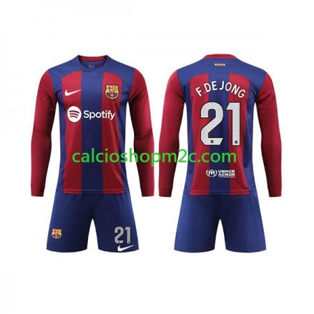 Barcellona Frenkie de Jong 21 Bambino Maglia Prima 2023/2024 Manica Lunga (+ Pantaloncini)